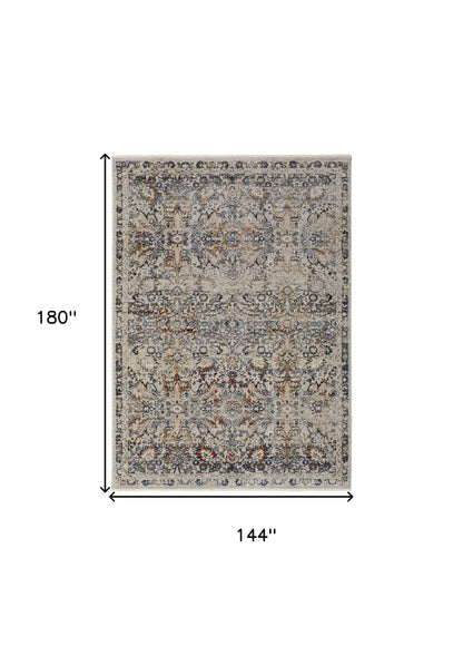 12 x 15 Tan Blue & Orange Floral Power Loom Distressed Rug With Fringe