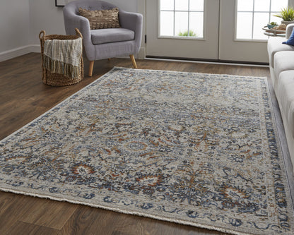 12 x 15 Tan Blue & Orange Floral Power Loom Distressed Rug With Fringe