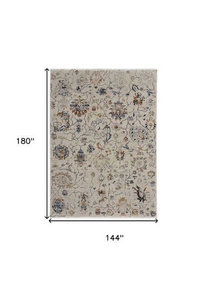 12 x 15 Orange & Ivory Floral Power Loom Distressed Rug With Fringe