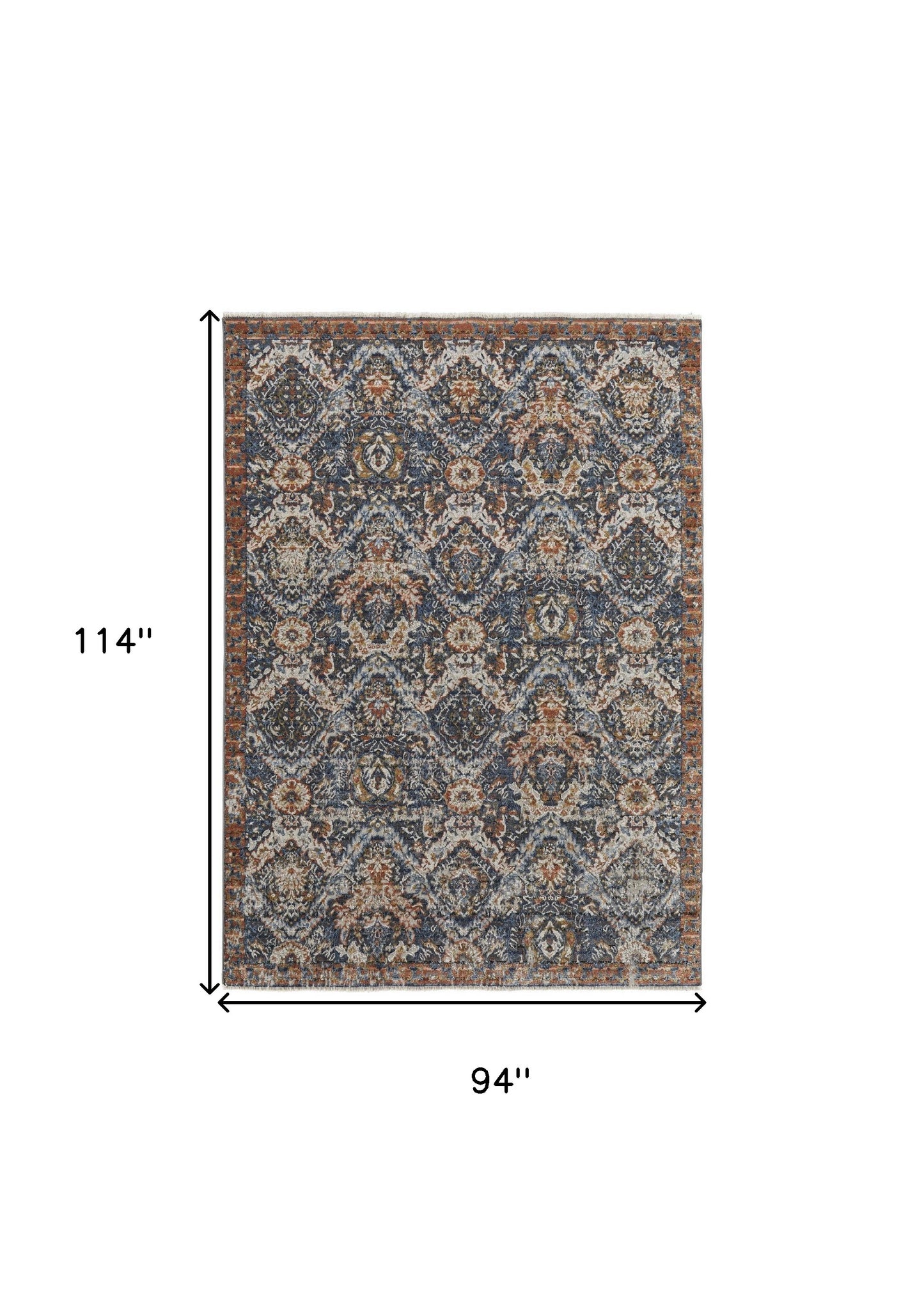 8 x 10 Blue Orange & Ivory Floral Power Loom Rug With Fringe