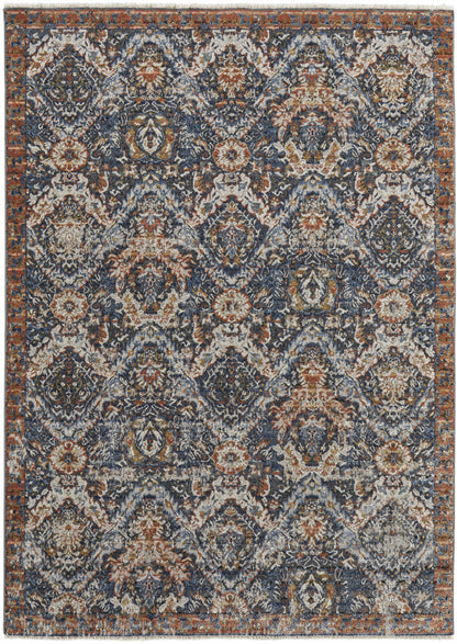 10 x 13 Blue Orange & Ivory Floral Power Loom Rug With Fringe