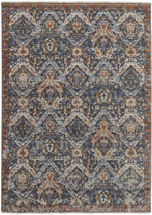 10 x 13 Blue Orange & Ivory Floral Power Loom Rug With Fringe
