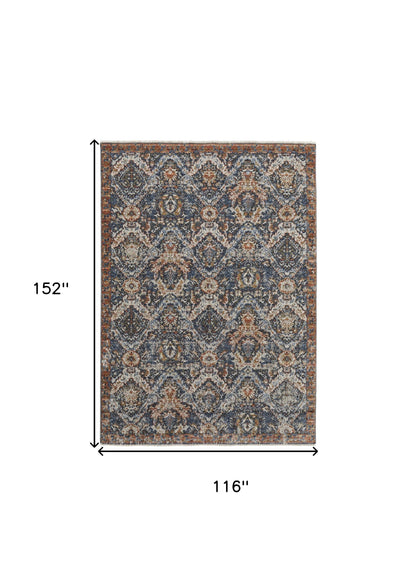 10 x 13 Blue Orange & Ivory Floral Power Loom Rug With Fringe
