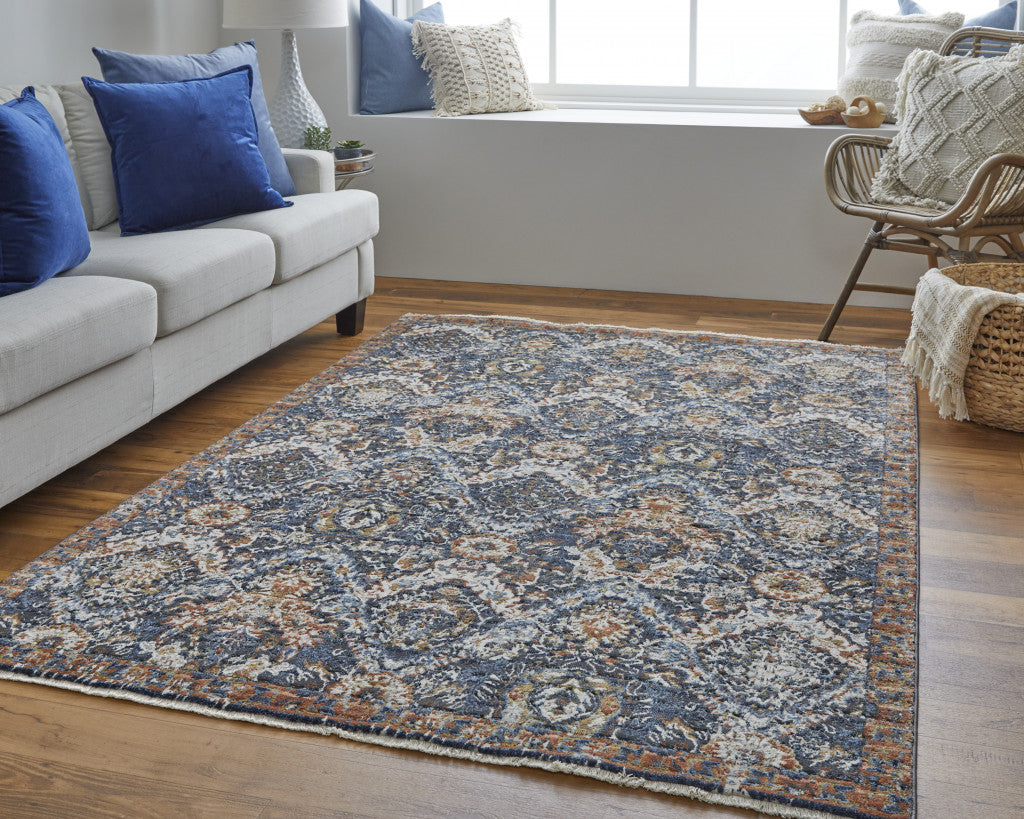 10 x 13 Blue Orange & Ivory Floral Power Loom Rug With Fringe