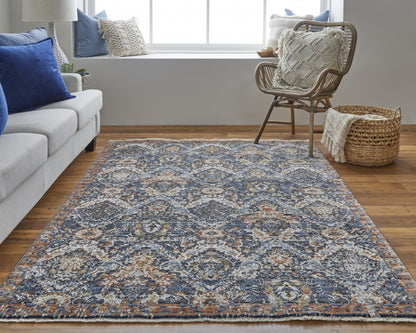 10 x 13 Blue Orange & Ivory Floral Power Loom Rug With Fringe