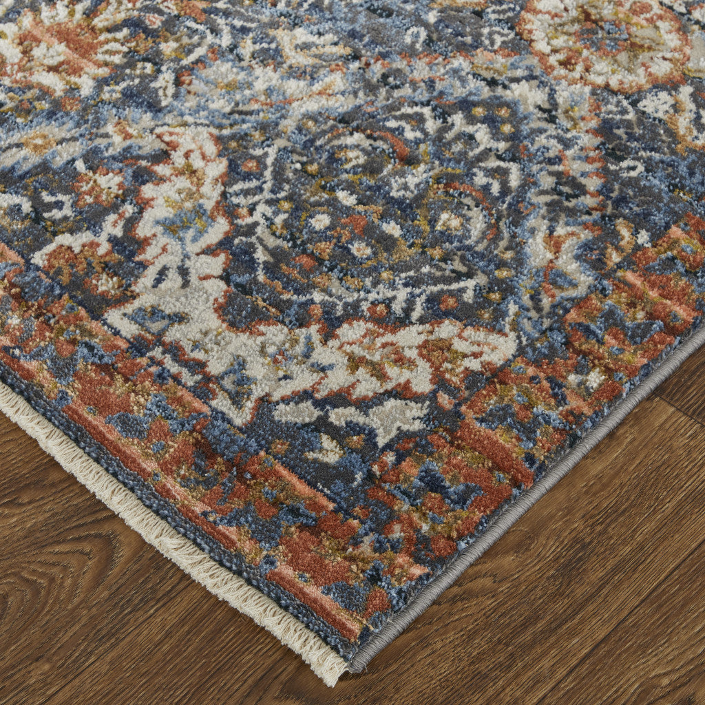 10 x 13 Blue Orange & Ivory Floral Power Loom Rug With Fringe