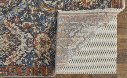 10 x 13 Blue Orange & Ivory Floral Power Loom Rug With Fringe