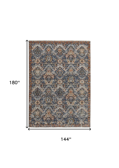 12 x 15 Blue Orange & Ivory Floral Power Loom Rug With Fringe