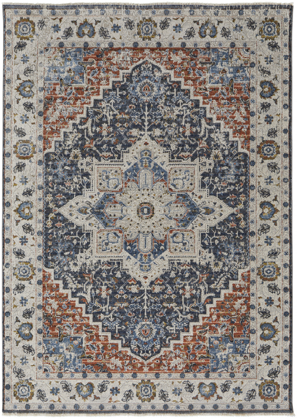 12 x 15 Ivory Blue & Red Floral Power Loom Rug With Fringe