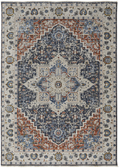 12 x 15 Ivory Blue & Red Floral Power Loom Rug With Fringe