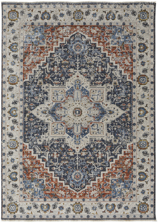 12 x 15 Ivory Blue & Red Floral Power Loom Rug With Fringe