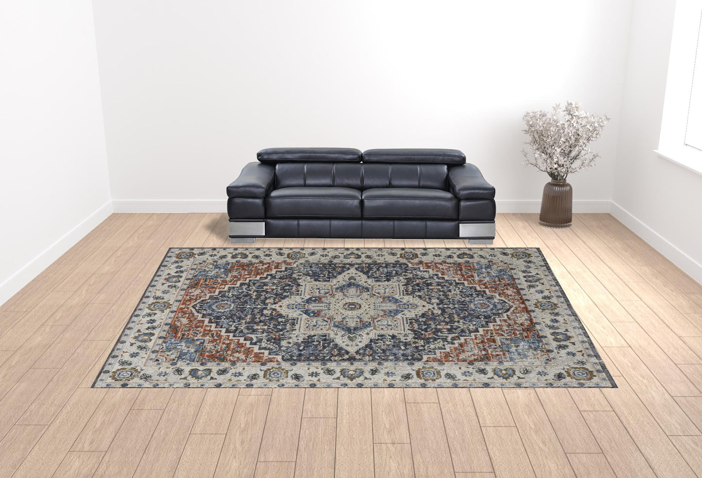 12 x 15 Ivory Blue & Red Floral Power Loom Rug With Fringe