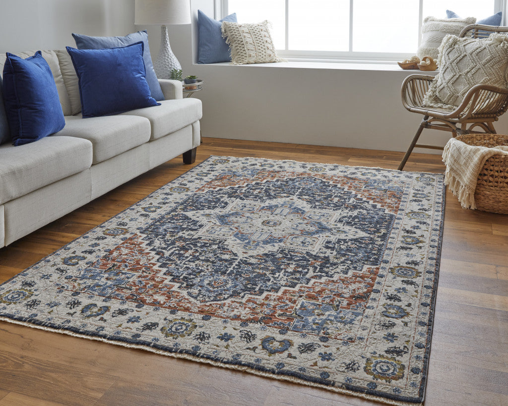 12 x 15 Ivory Blue & Red Floral Power Loom Rug With Fringe