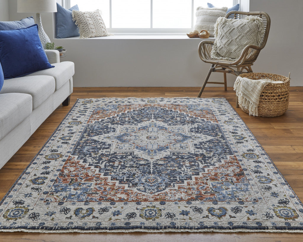 12 x 15 Ivory Blue & Red Floral Power Loom Rug With Fringe