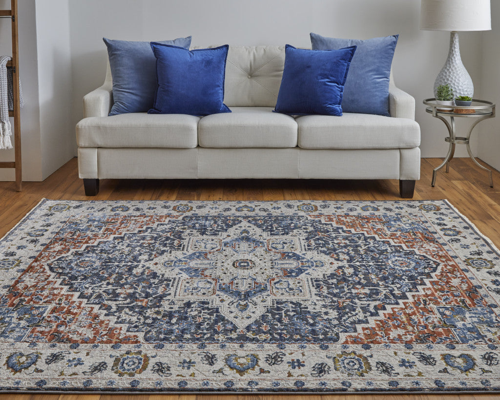 12 x 15 Ivory Blue & Red Floral Power Loom Rug With Fringe
