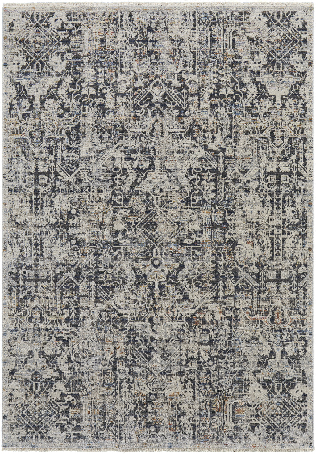 10 x 13 Ivory Gray & Taupe Power Loom Distressed Rug With Fringe