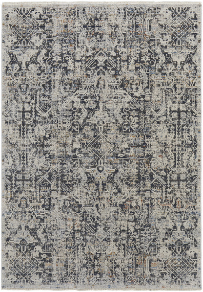 10 x 13 Ivory Gray & Taupe Power Loom Distressed Rug With Fringe