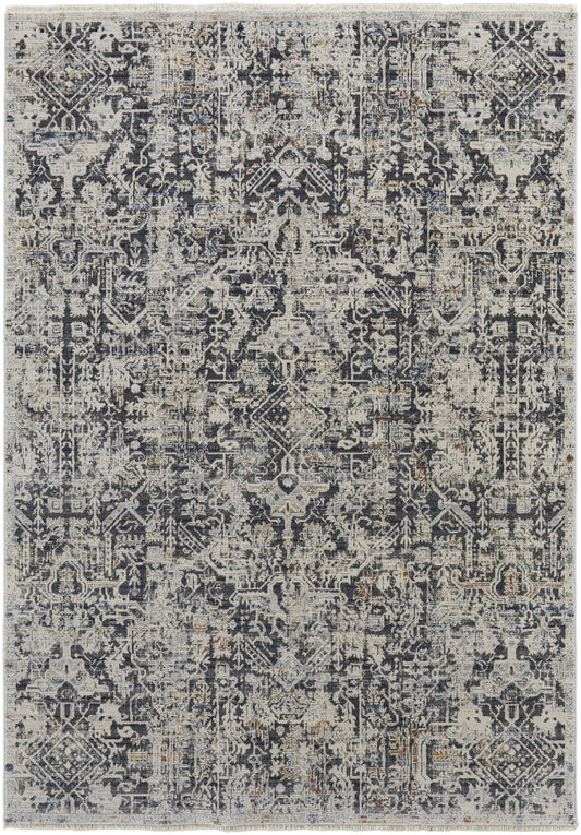 10 x 13 Ivory Gray & Taupe Power Loom Distressed Rug With Fringe