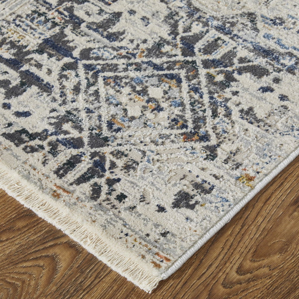 10 x 13 Ivory Gray & Taupe Power Loom Distressed Rug With Fringe