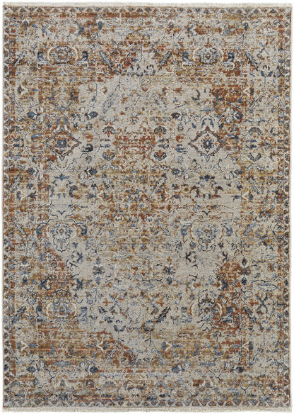 12 x 15 Tan Ivory & Orange Floral Power Loom Rug With Fringe
