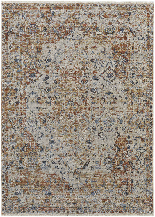 12 x 15 Tan Ivory & Orange Floral Power Loom Rug With Fringe
