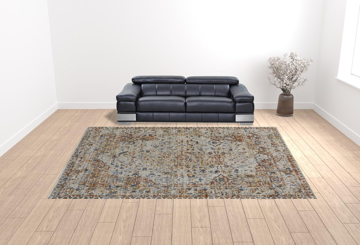 12 x 15 Tan Ivory & Orange Floral Power Loom Rug With Fringe