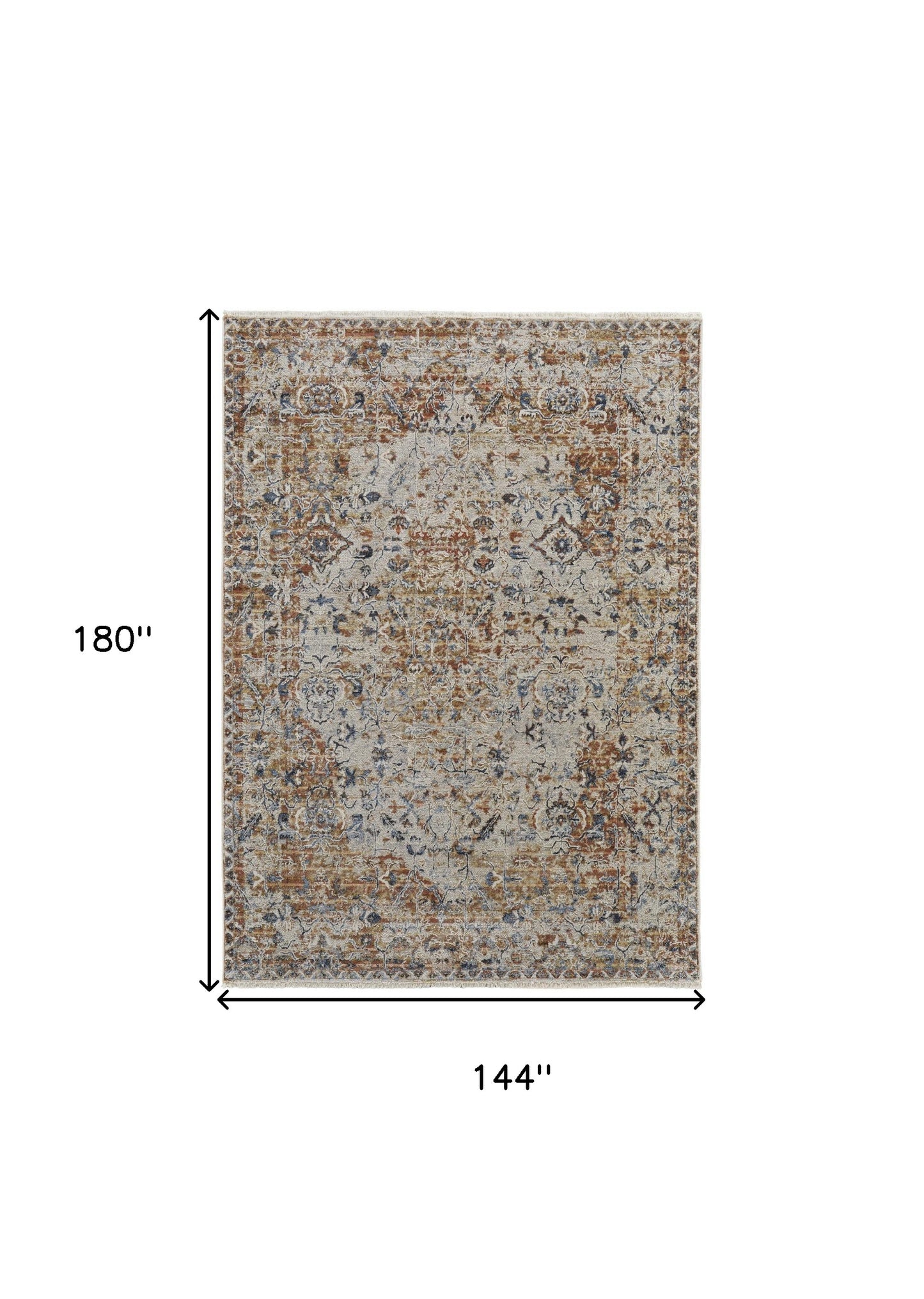12 x 15 Tan Ivory & Orange Floral Power Loom Rug With Fringe