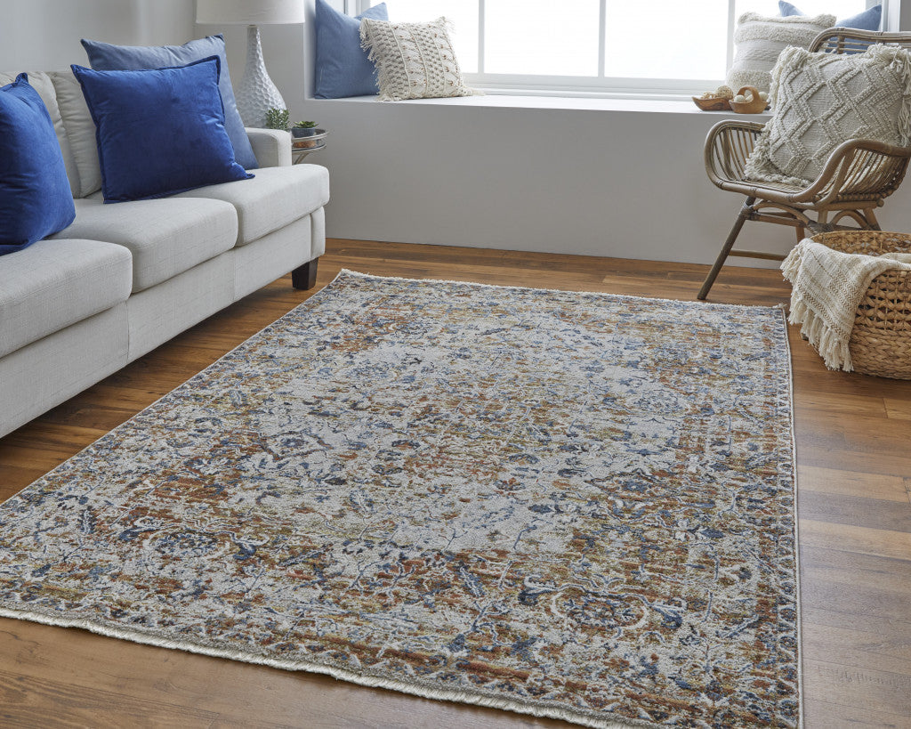 12 x 15 Tan Ivory & Orange Floral Power Loom Rug With Fringe