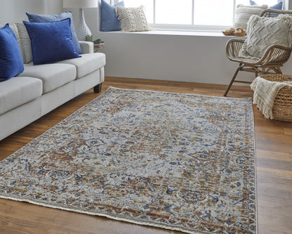 12 x 15 Tan Ivory & Orange Floral Power Loom Rug With Fringe