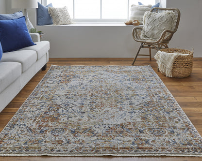12 x 15 Tan Ivory & Orange Floral Power Loom Rug With Fringe