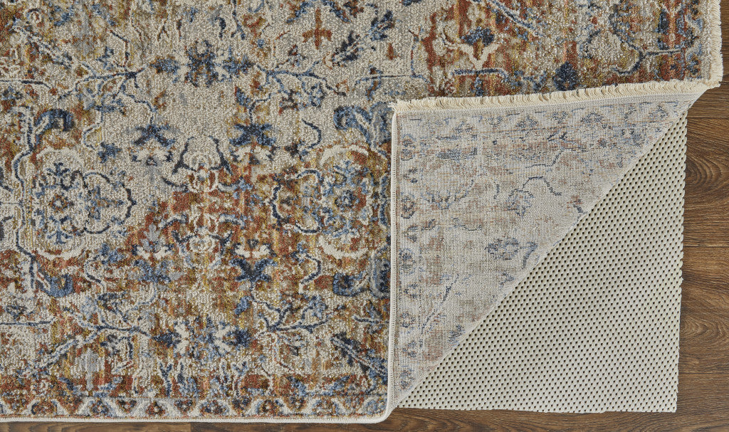 12 x 15 Tan Ivory & Orange Floral Power Loom Rug With Fringe