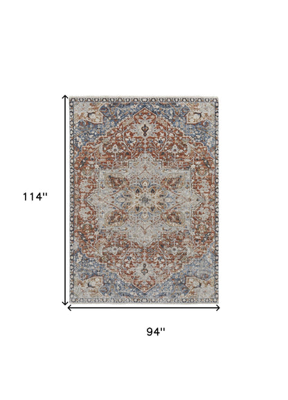8 x 10 Orange Ivory & Blue Floral Power Loom Rug With Fringe