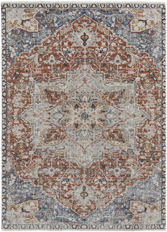 10 x 13 Orange Ivory & Blue Floral Power Loom Rug With Fringe