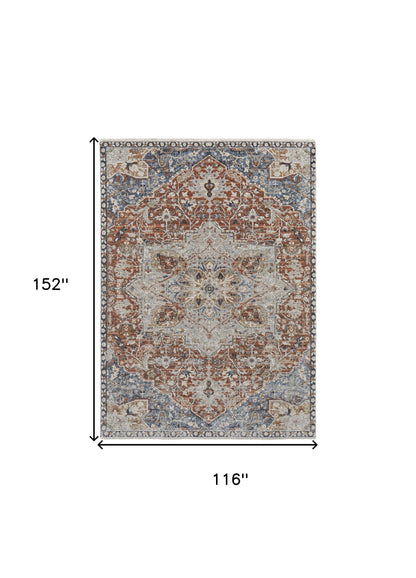 10 x 13 Orange Ivory & Blue Floral Power Loom Rug With Fringe