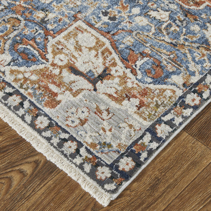 10 x 13 Orange Ivory & Blue Floral Power Loom Rug With Fringe