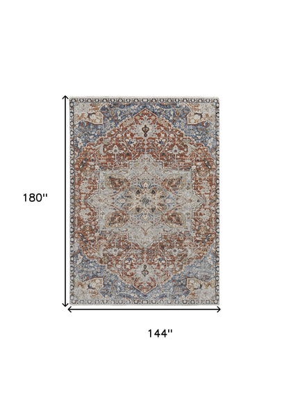 12 x 15 Orange Ivory & Blue Floral Power Loom Rug With Fringe