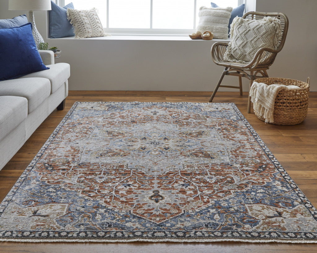 12 x 15 Orange Ivory & Blue Floral Power Loom Rug With Fringe