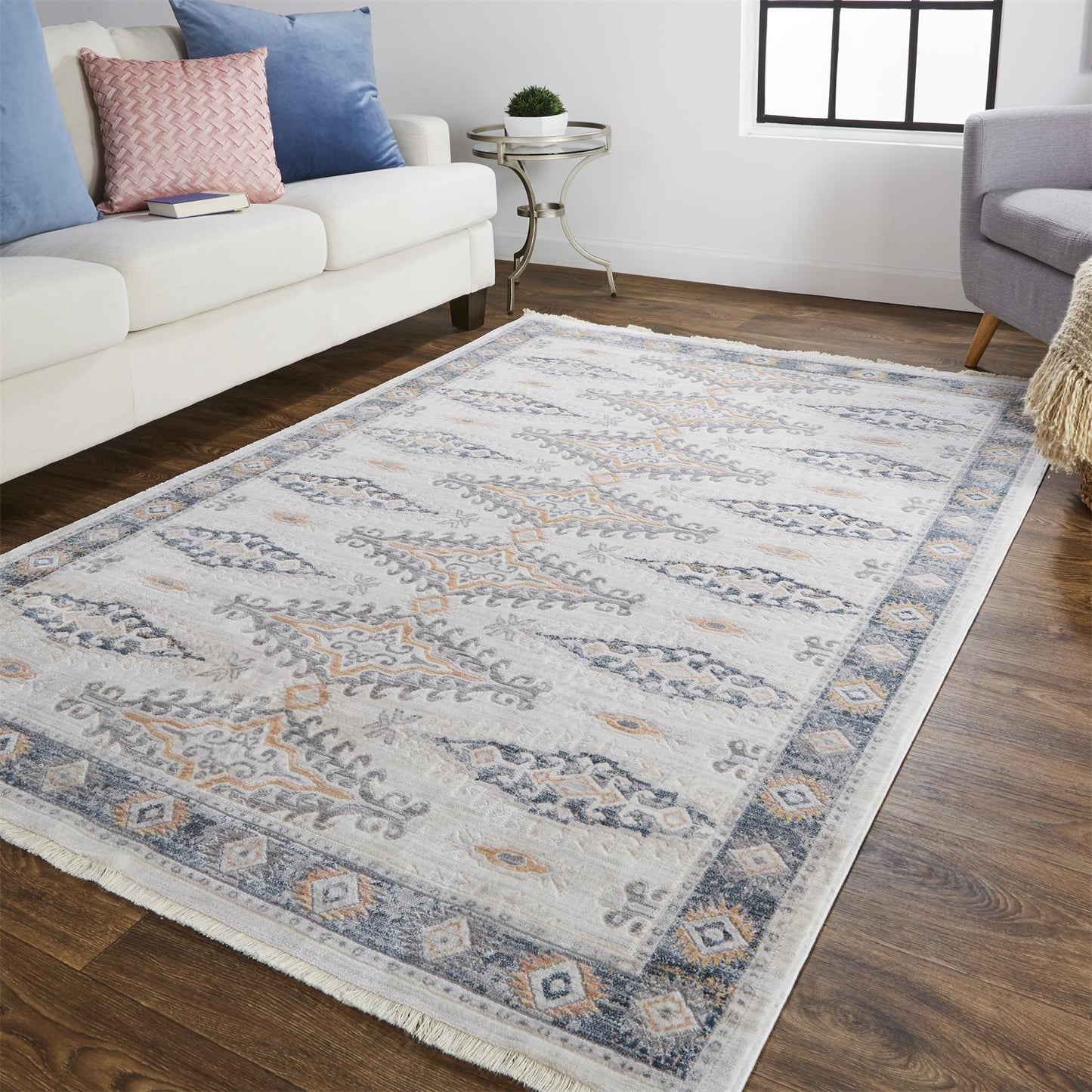 8 x 10 Gray Blue & Orange Floral Stain Resistant Rug