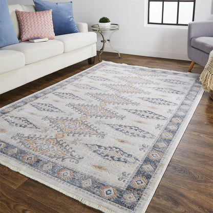 8 x 10 Gray Blue & Orange Floral Stain Resistant Rug