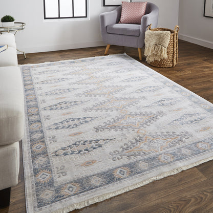 8 x 10 Gray Blue & Orange Floral Stain Resistant Rug