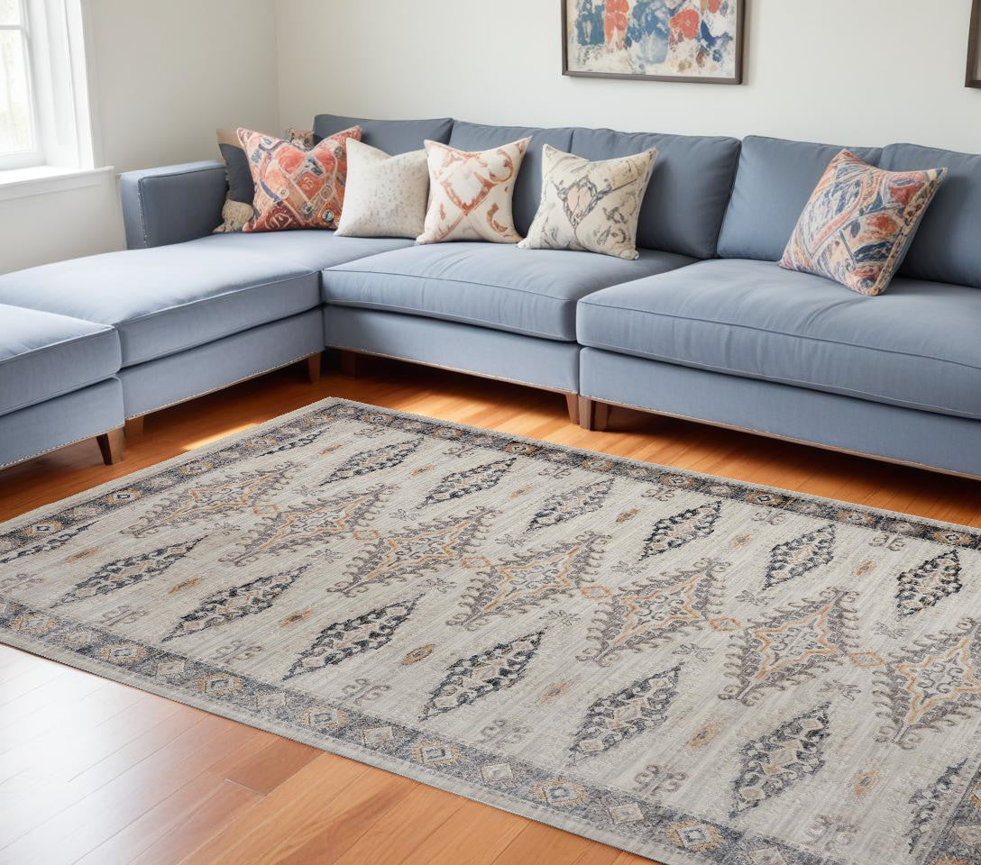 8 x 10 Gray Blue & Orange Floral Stain Resistant Rug