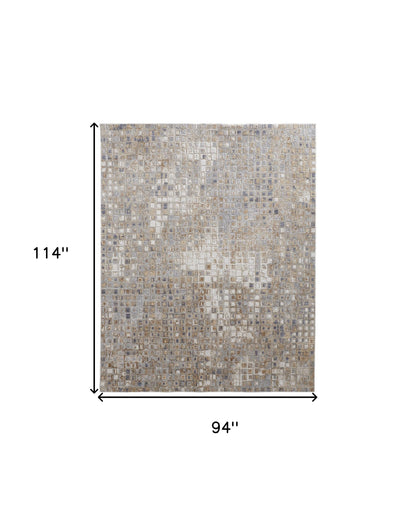 8 x 10 Tan Ivory & Blue Geometric Power Loom Distressed Rug