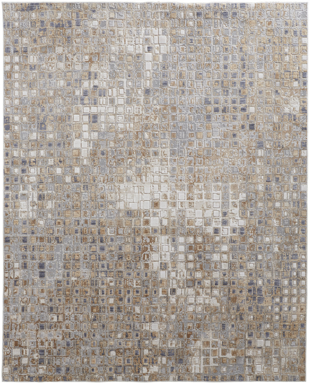 12 x 15 Tan Ivory & Blue Geometric Power Loom Distressed Rug