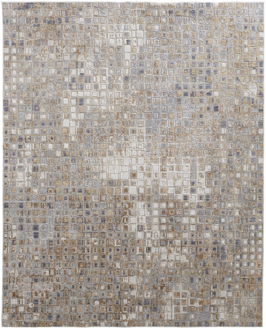 12 x 15 Tan Ivory & Blue Geometric Power Loom Distressed Rug
