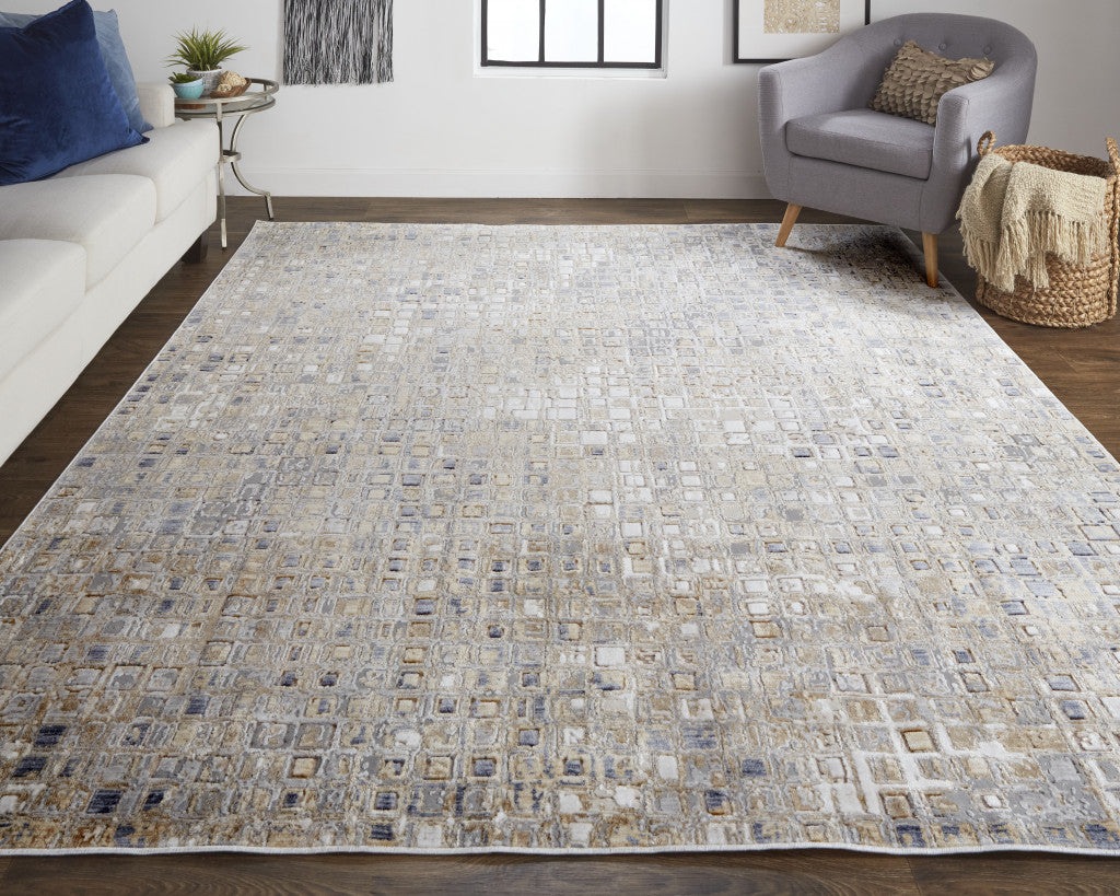 12 x 15 Tan Ivory & Blue Geometric Power Loom Distressed Rug