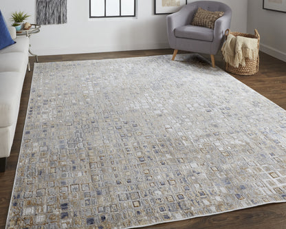 12 x 15 Tan Ivory & Blue Geometric Power Loom Distressed Rug
