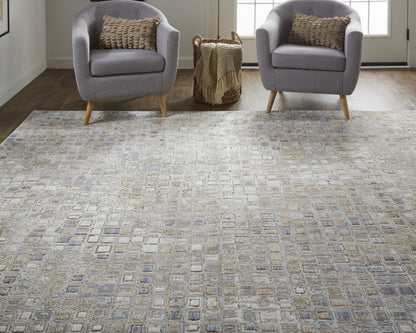 12 x 15 Tan Ivory & Blue Geometric Power Loom Distressed Rug