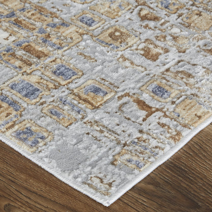 12 x 15 Tan Ivory & Blue Geometric Power Loom Distressed Rug