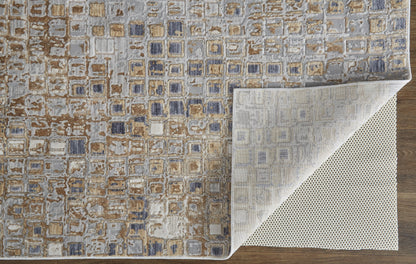 12 x 15 Tan Ivory & Blue Geometric Power Loom Distressed Rug