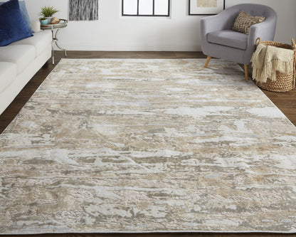 12 x 15 Tan & Ivory Power Loom Distressed Rug